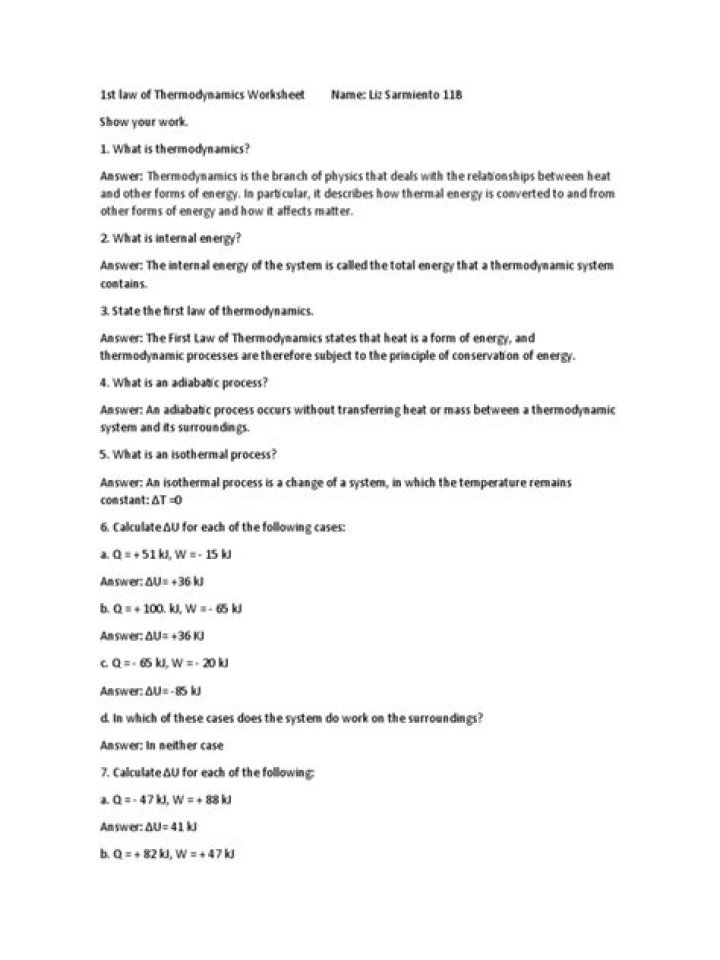 1st Law of Thermodynamics Worksheet PDF: Practice Problems & Answers
