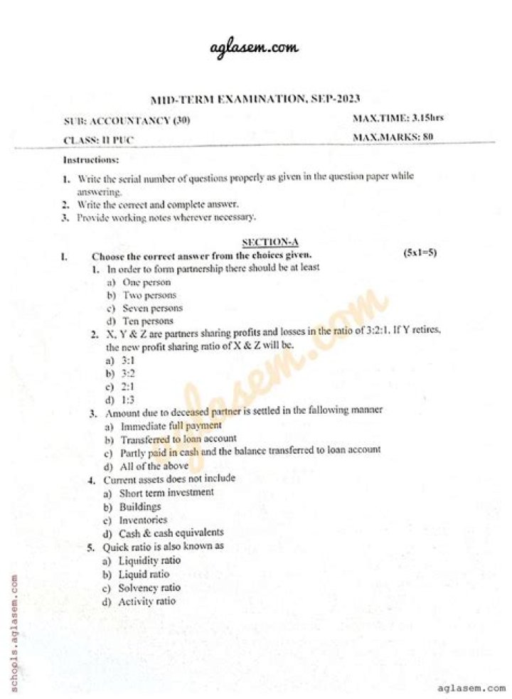 1st PUC Accountancy Midterm Question Papers 2017 PDF with Answers