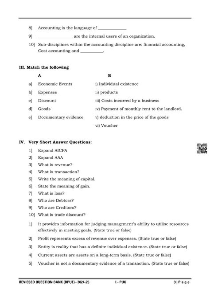 1st PUC Accountancy Question Bank PDF | Instant Download