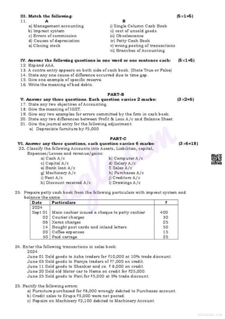 1st PUC Accountancy Question Papers with Answers PDF – Free Download