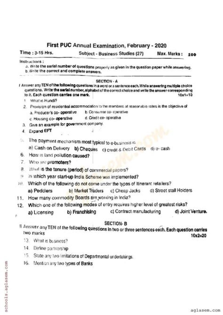 1st PUC Annual Exam 2017 Question Papers PDF – Download Yearly Sample Exams