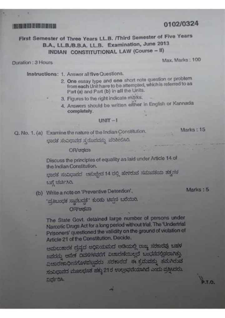1st Sem Indian Constitution Question Paper Bangalore University PDF Free Download