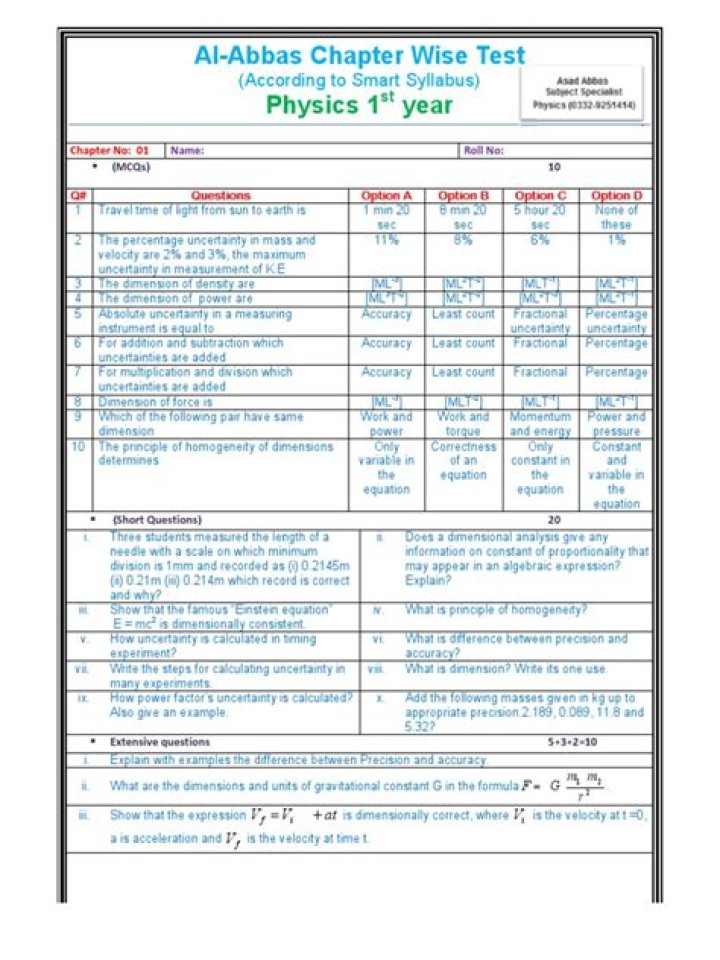 1st Year Physics Chapter Wise Tests PDF – Chapter by Chapter Practice Tests