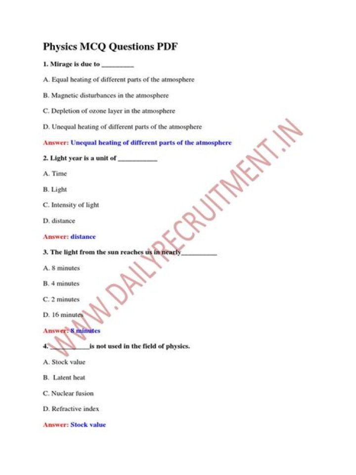 1st Year Physics MCQs with Answers PDF Download for Exam Prep