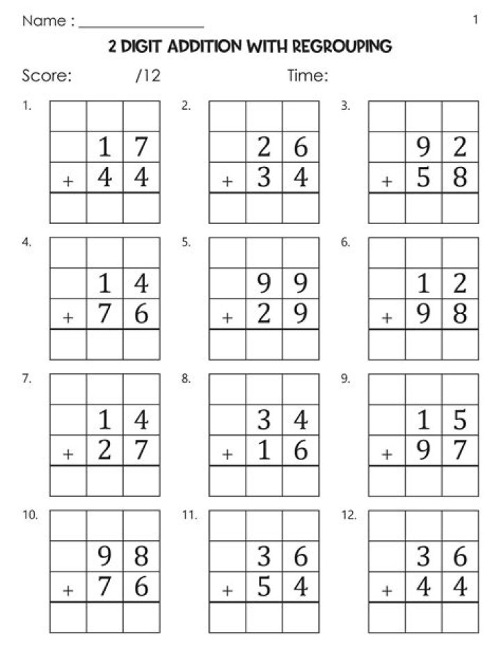 Free 2-Digit Addition with Regrouping Worksheets PDF for Kids