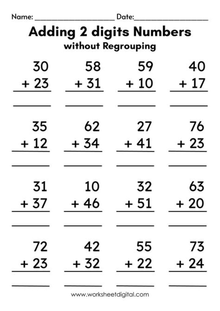 Free 2-Digit Addition Without Regrouping Worksheets for 2nd Grade PDF