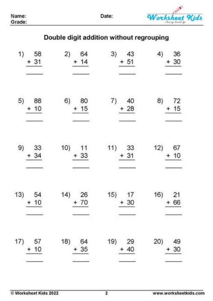 Free 2-Digit Addition Without Regrouping Worksheets PDF