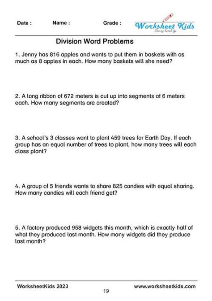 2-Digit by 1-Digit Division Word Problems Worksheets PDF