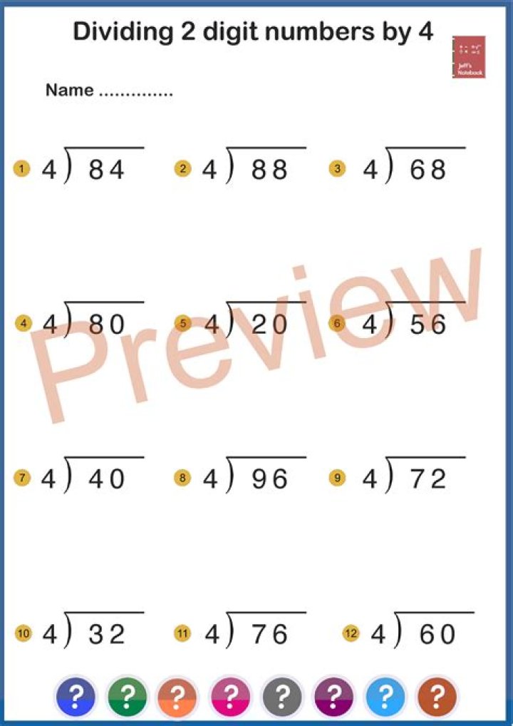 Free 2-Digit by 2-Digit Division Worksheets PDF for Grade 4 Students