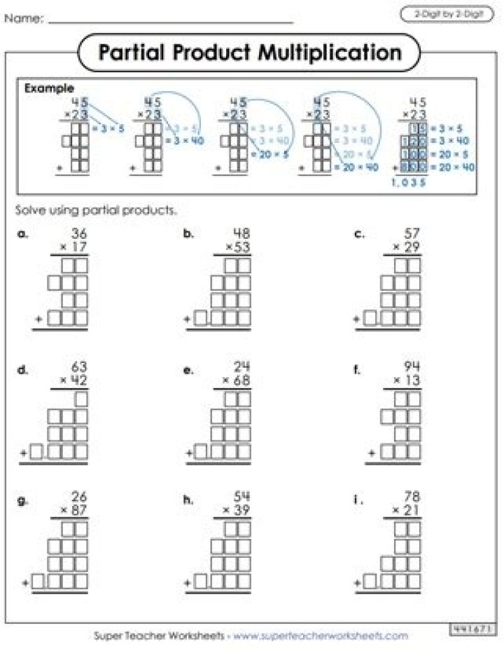 Free 2-Digit by 2-Digit Multiplication Partial Products Worksheets PDF