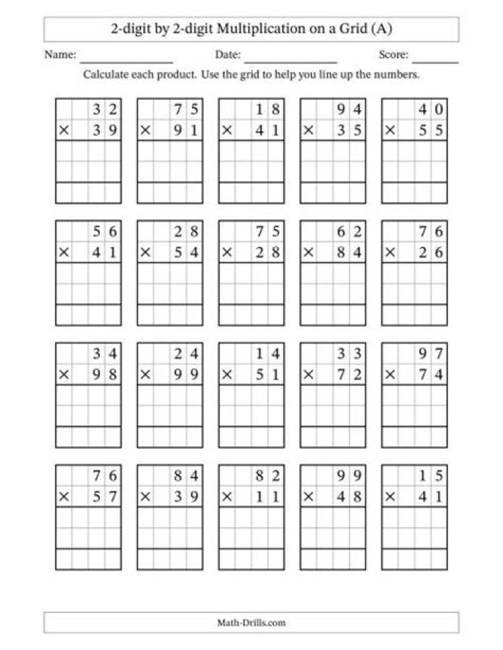 2-Digit by 2-Digit Multiplication Worksheets with Grids PDF