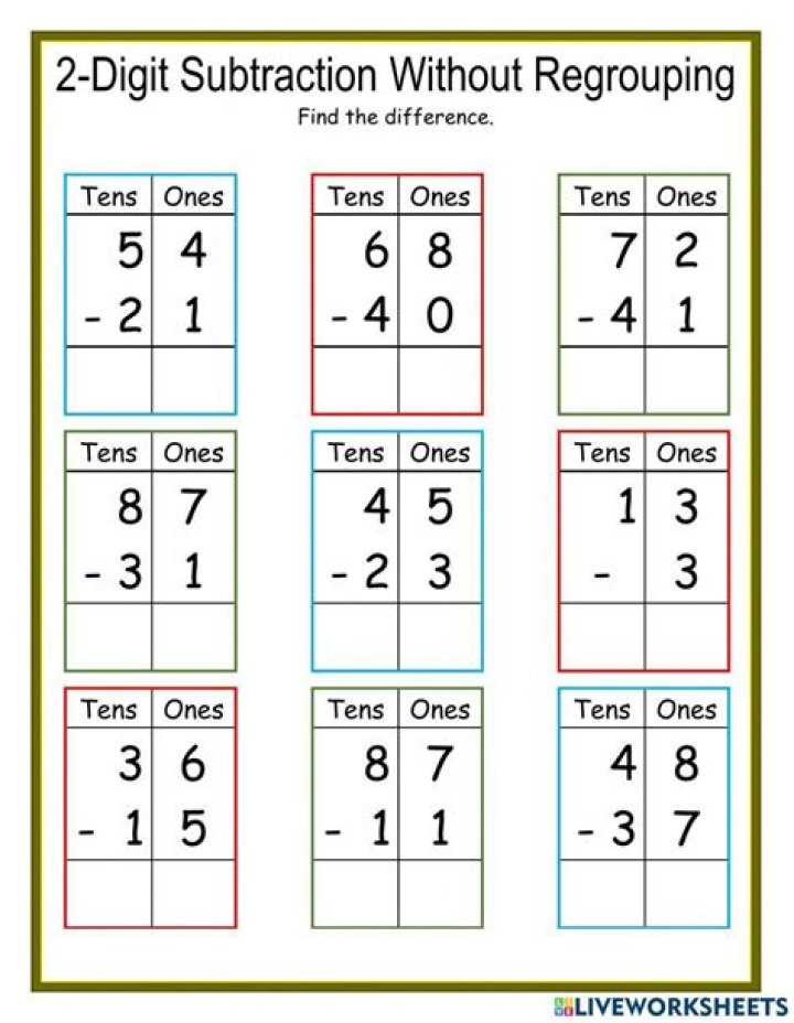 Free 2-Digit Subtraction Without Regrouping Worksheets PDF