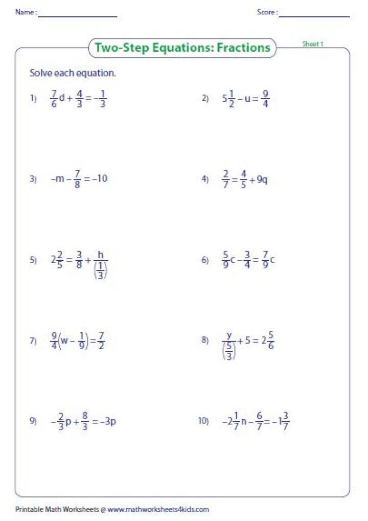 Solve 2-Step Equations with Fractions Worksheet PDF – Instant Download