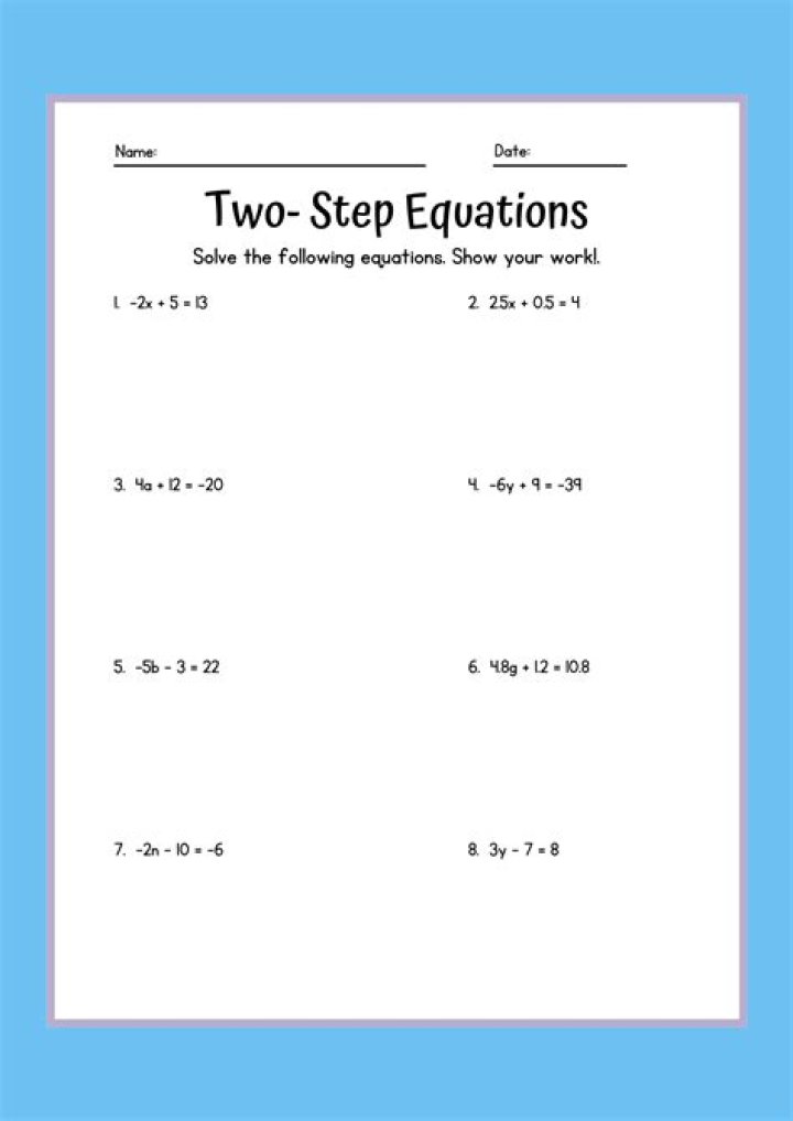 Free 2-Step Equations Worksheet for 7th Grade PDF Download