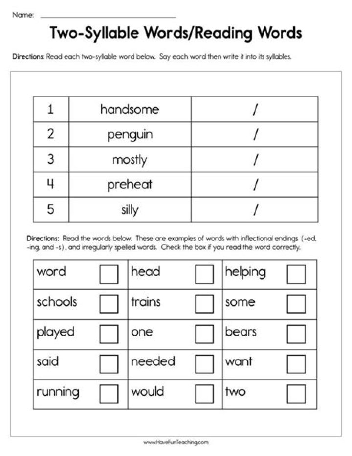 2 Syllable Words Worksheet PDF for Easy Learning