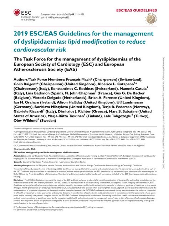2016 ESC EAS Guidelines for Dyslipidemia Management PDF – Key Recommendations