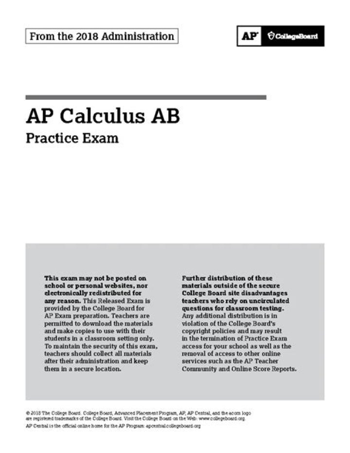 2018 AP Calculus AB Practice Test PDF Download