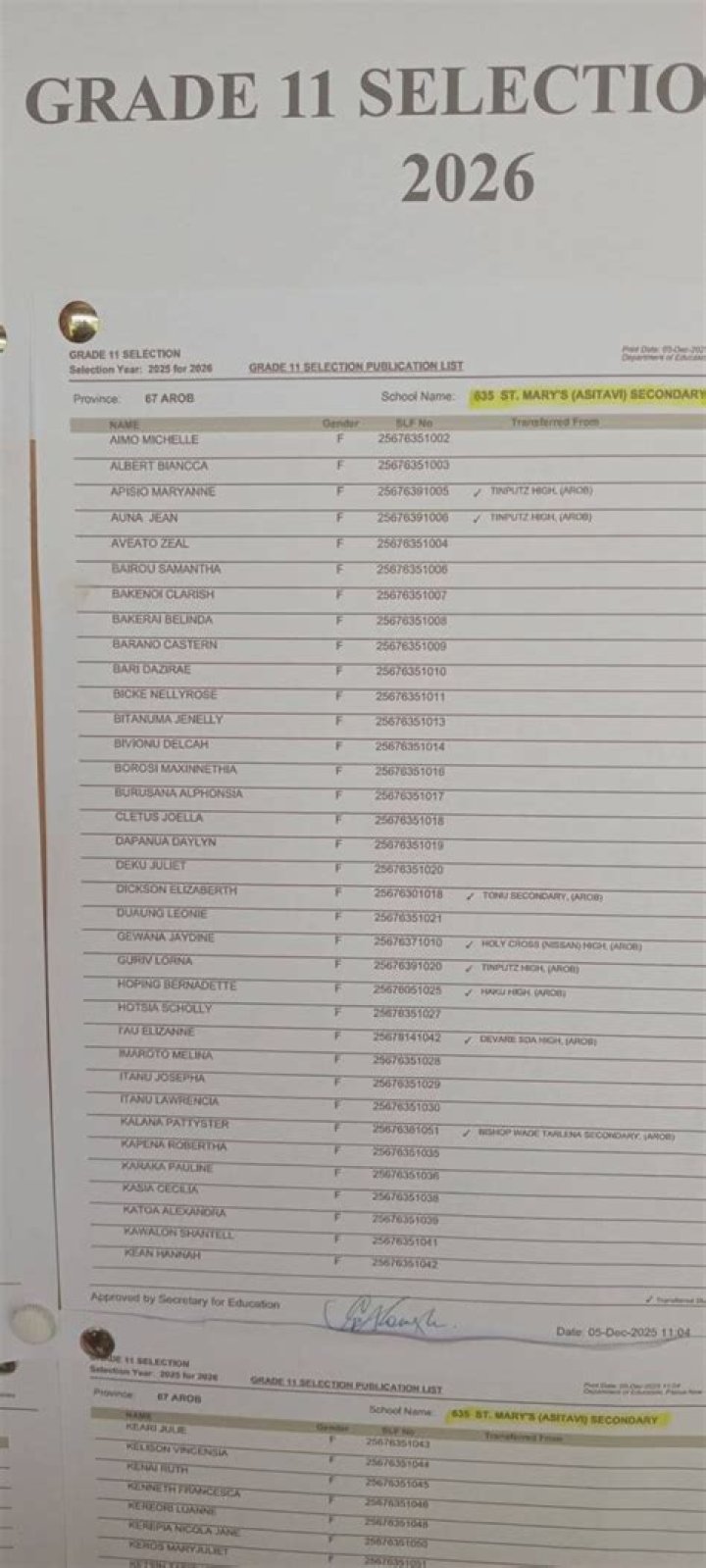 2020 Grade 11 Selection List PDF – Official Enrollment List