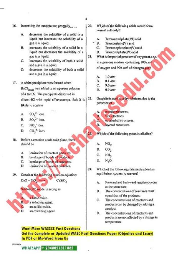 2020 WAEC Chemistry Questions & Answers PDF with Solutions
