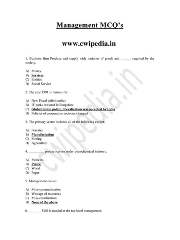 22509 Management MCQs with Answers PDF – Test Your Knowledge
