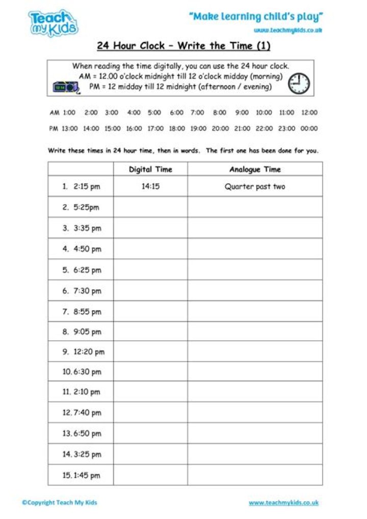 Free 24-Hour Clock Worksheet PDF – Perfect for Students & Time Management