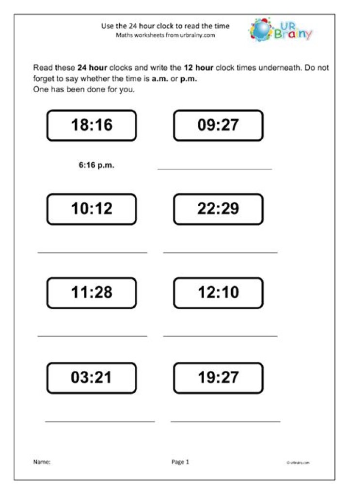 24-Hour Time Worksheets PDF – Free Printable Time Management Practice