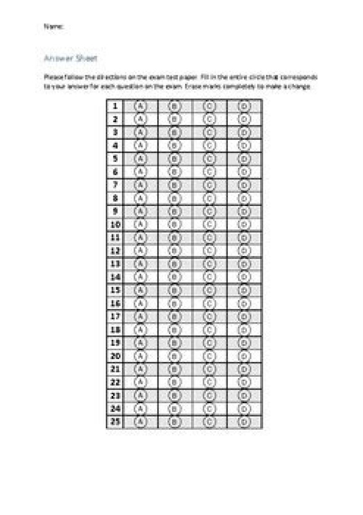 25 Question Multiple Choice Answer Sheet PDF Download