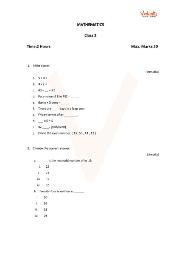 2nd Class Maths Question Paper PDF Download