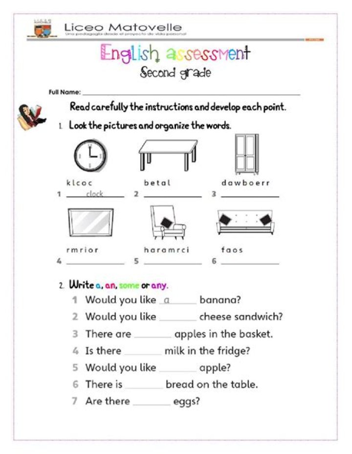 2nd Grade English Language Assessment Test PDF – Free Download