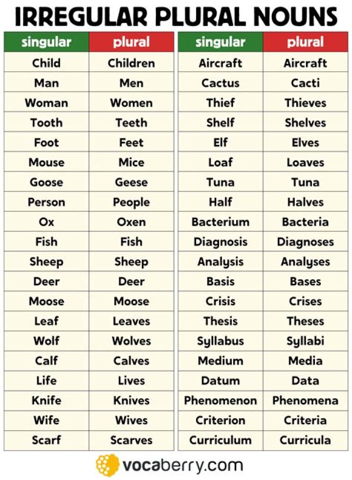 2nd Grade Irregular Plural Nouns List PDF – Free Classroom Resource