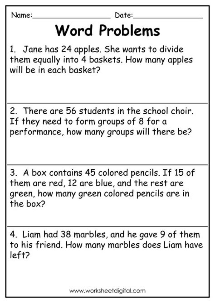 2nd Grade Math Review Word Problems Worksheets PDF for Practice
