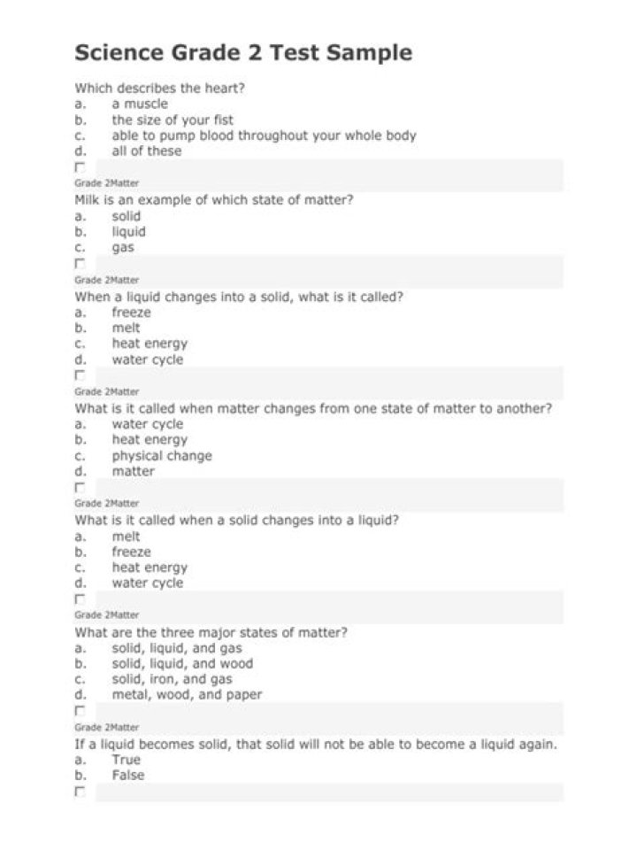 2nd Grade Science Assessment Test PDF for Free Download