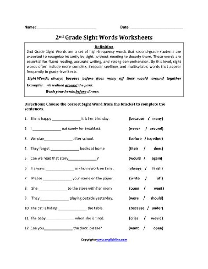Free 2nd Grade Sight Words Worksheets PDF for Easy Learning