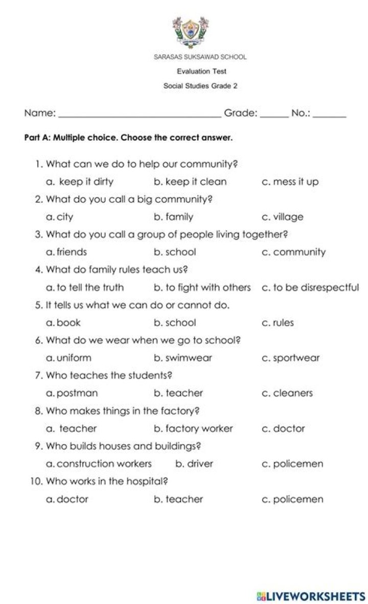 2nd Grade Social Studies Standard Test with Answers PDF