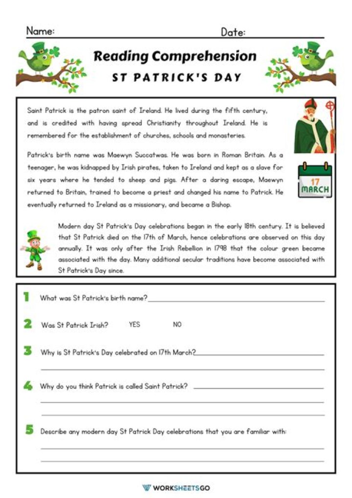 2nd Grade St. Patrick's Day Reading Comprehension PDF Worksheets