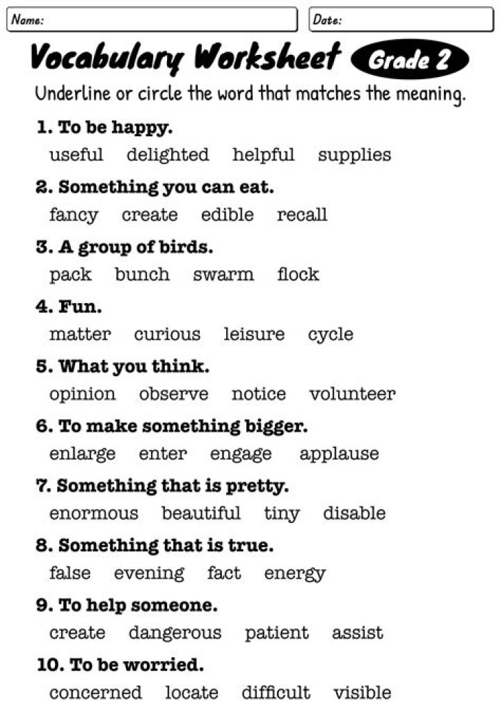 2nd Grade Vocabulary Worksheet PDF for Kids