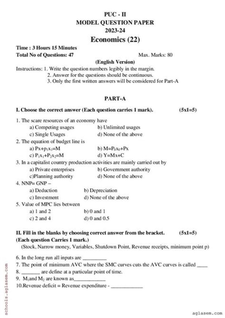 2nd PUC Economics Model Question Paper 2019 PDF – Download Now