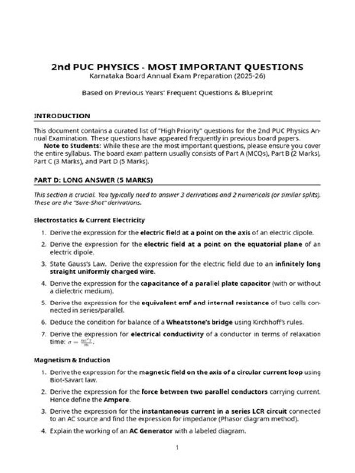 2nd PUC Physics Important Questions PDF for Exam Success