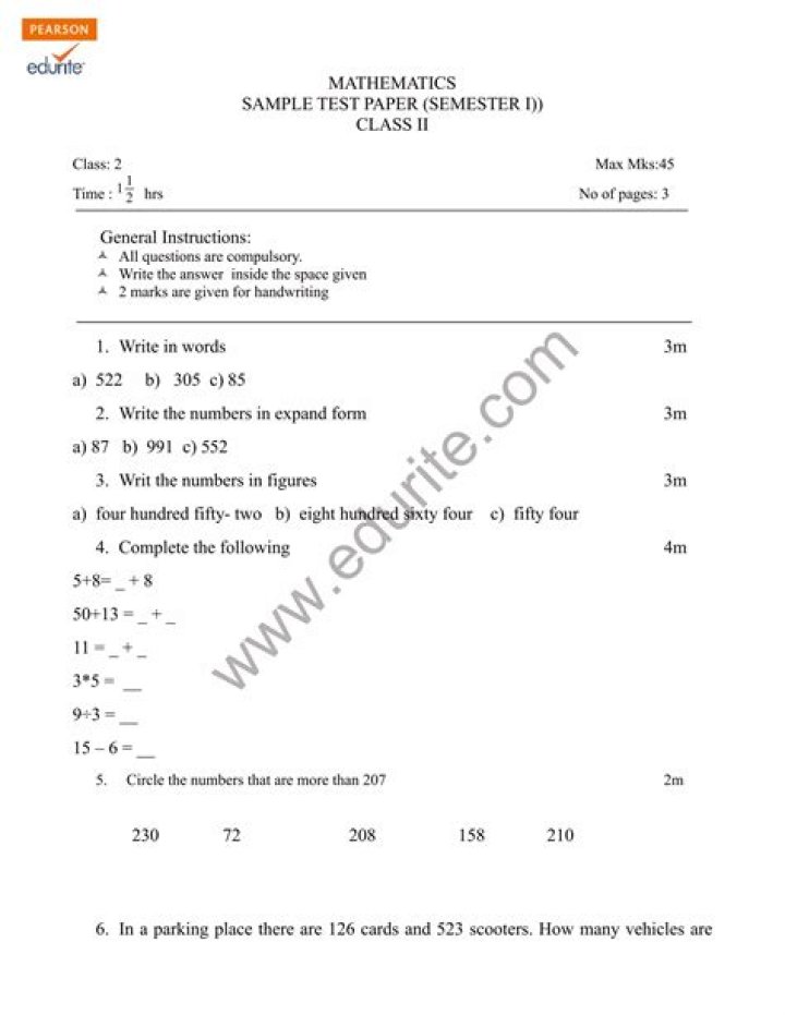 Free 2nd Standard Maths Question Paper PDF for Practice