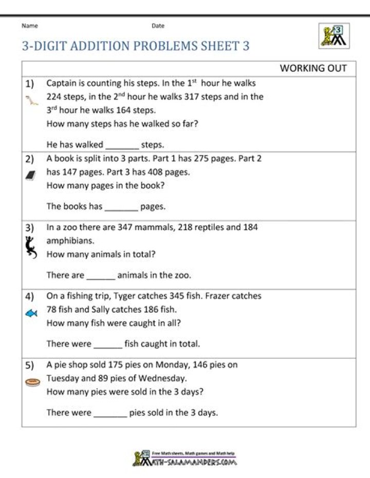 Free 3-Digit Addition Word Problems Worksheets PDF