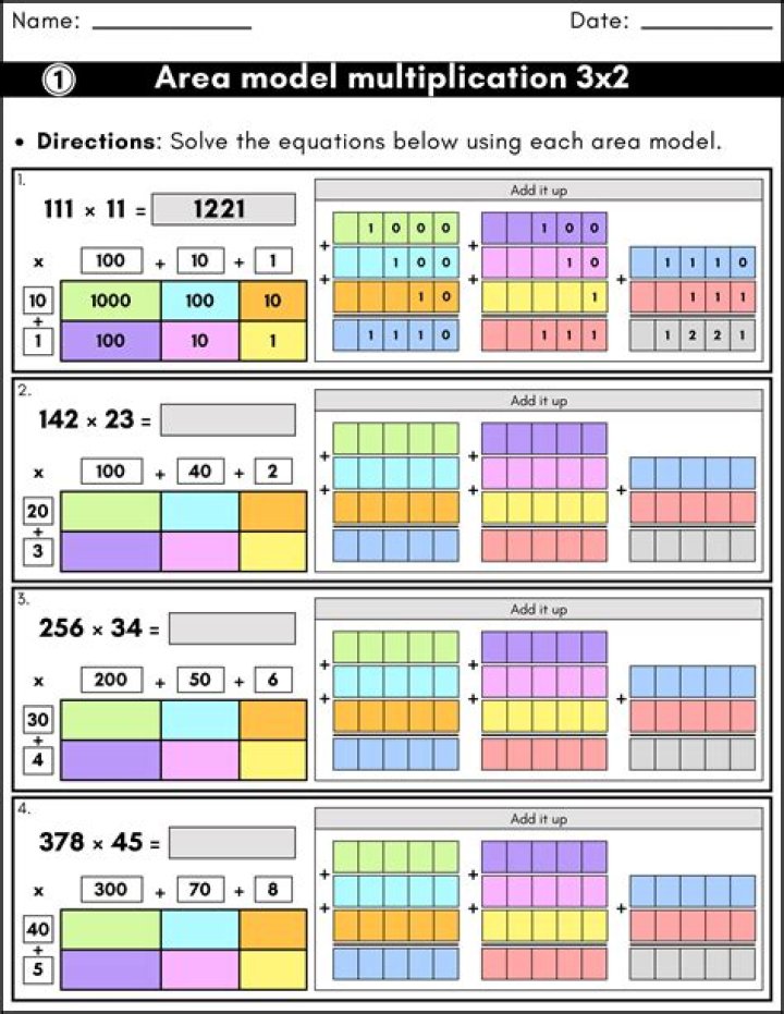 Free 3-Digit by 1-Digit Multiplication Area Model Worksheets PDF for Easy Math Practice
