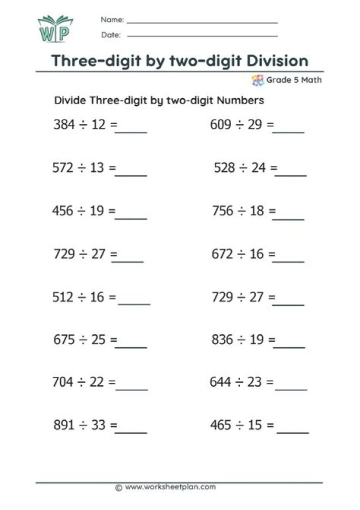 Free 3-Digit by 2-Digit Division Worksheets PDF for Easy Math Practice