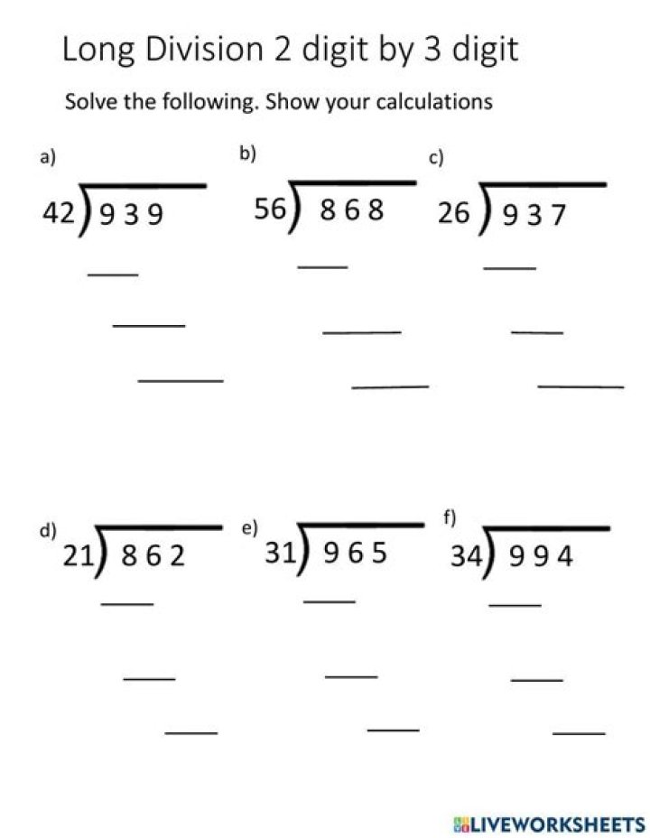 3-Digit by 2-Digit Division Worksheets with Answers PDF