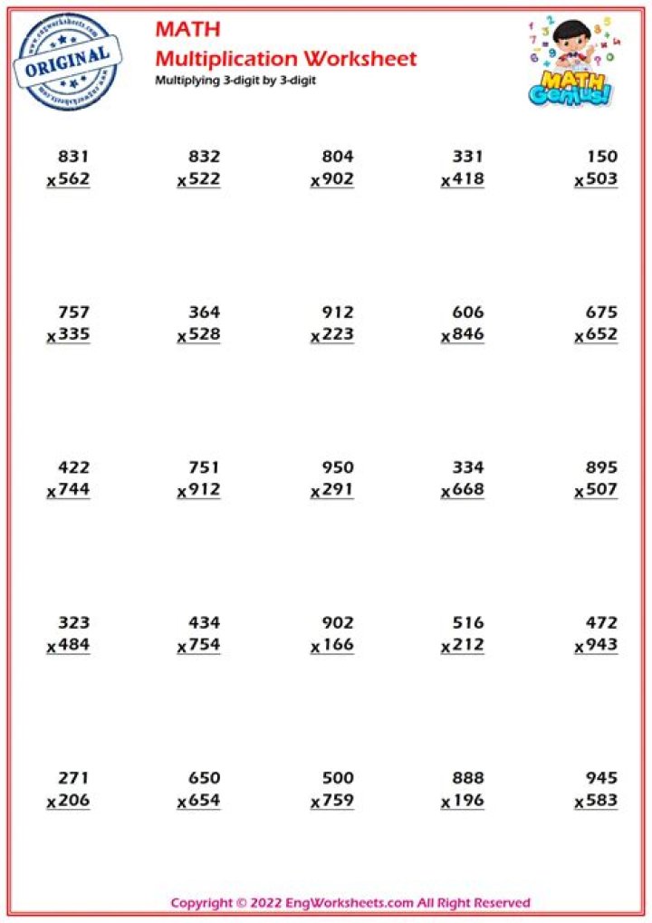 Free 3-Digit by 2-Digit Multiplication Worksheets PDF for Easy Practice