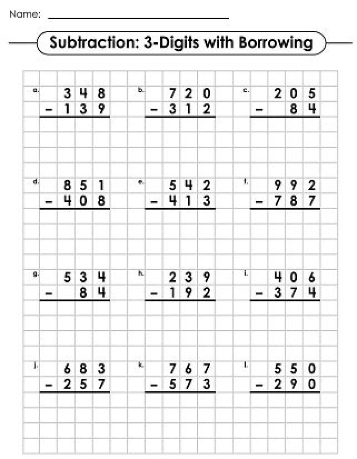 3-Digit Subtraction with Borrowing: Step-by-Step PDF Answers