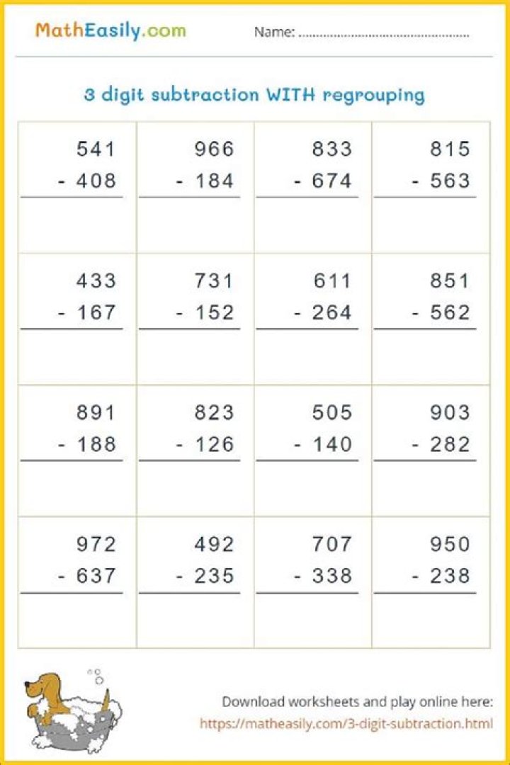 3-Digit Subtraction with Regrouping Worksheets for 3rd Grade – PDF Printables