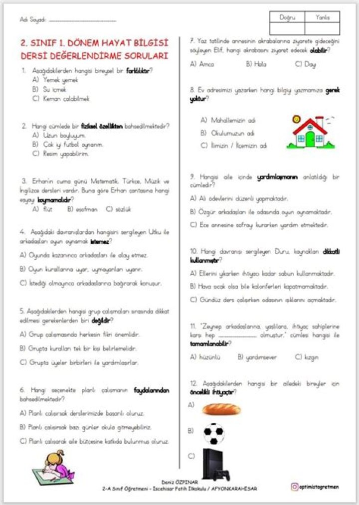 3 SÄ±nAF Hayat Bilgisi Test PDF – Akses ile İşletme