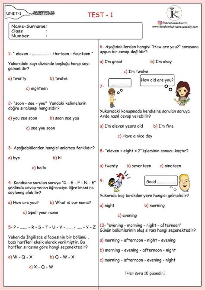 3 Sanıf İngilizce 3 Ünite Test PDF – Yüksek Score Matrası