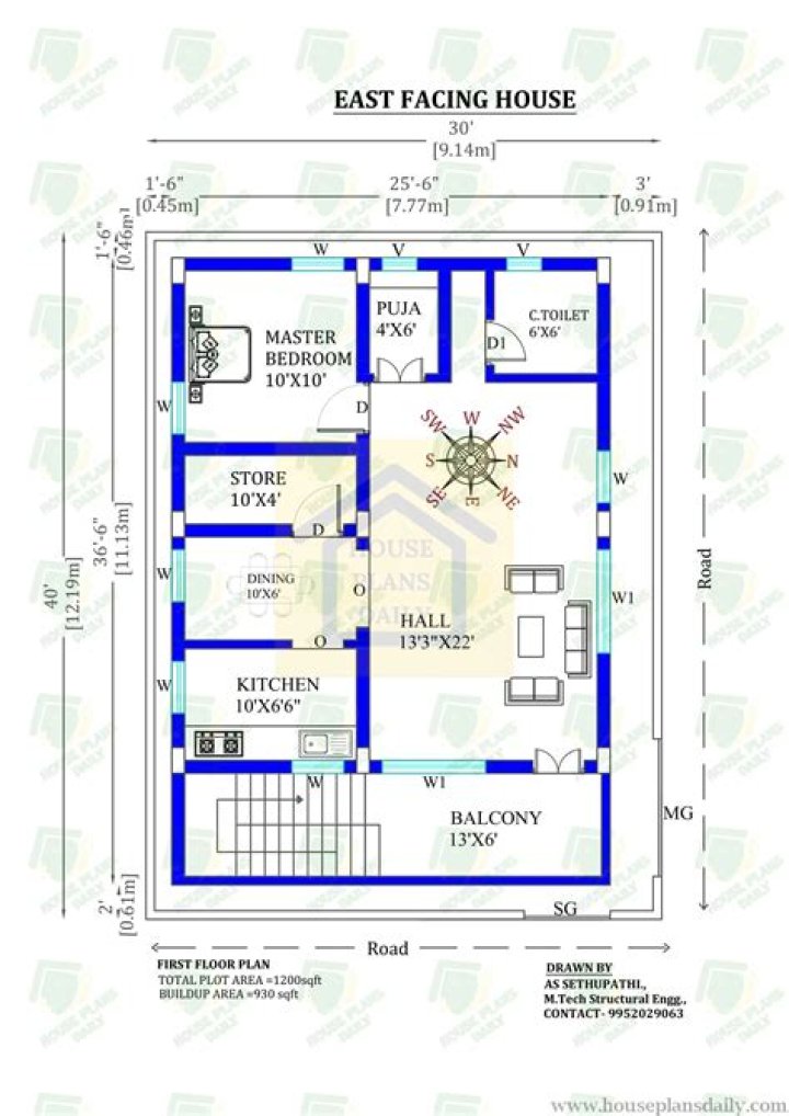 30x40 East-Facing House Plans with Vastu PDF Guide
