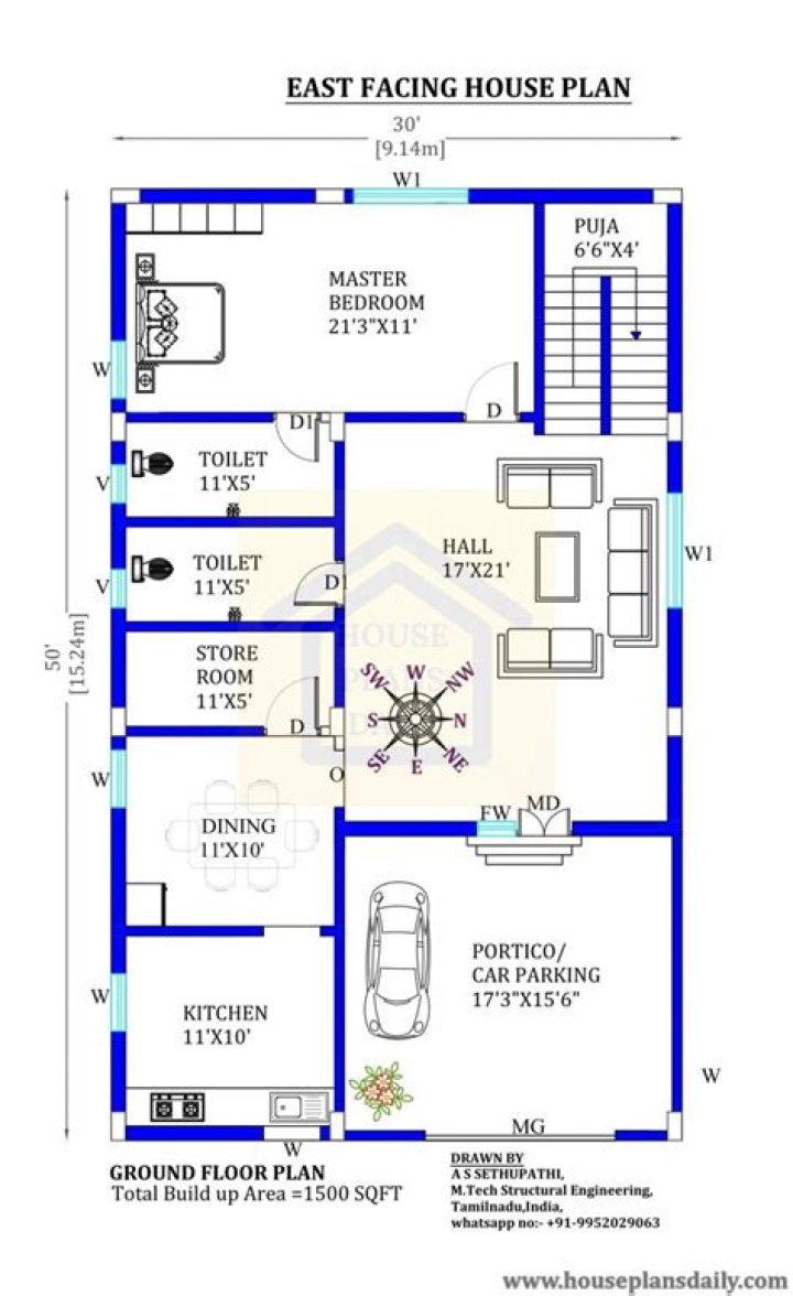 30x50 East-Facing House Plans PDF – Ideal for Sunny Front Facing Designs